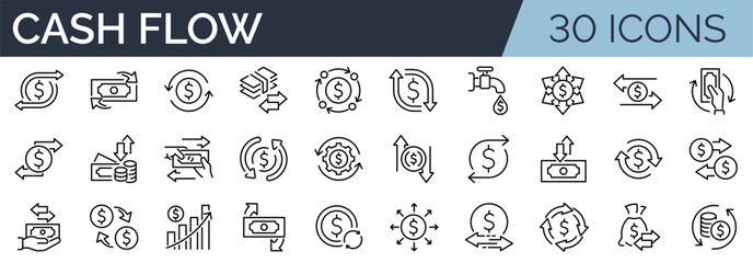 Set of 30 outline icons related to cash flow. Linear icon collection. Editable stroke. Vector illustration	