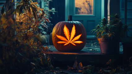 A highly realistic image of a Halloween pumpkin with a cannabis leaf design carved into it, placed on a porch, blending holiday tradition with modern culture.