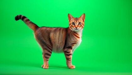 Adorable Orange and Brown Tabby Cat Posing Against a Green Background