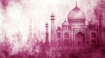 Majestic Taj Mahal with surrounding minarets in a hazy pink hue