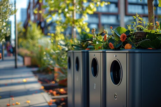 A modern urban scene featuring stylish waste bins integrated with greenery, promoting sustainability and eco-friendliness.