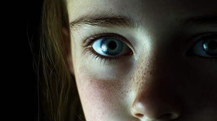 Fototapeta premium Close-up portrait of a young girl's face with blue eyes and freckles, lit from the side.