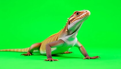 Fototapeta premium Close-up of a Bearded Dragon Lizard on a Green Screen Background