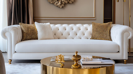 Cozy white sofa and golden coffee table, interior design of modern luxury living room