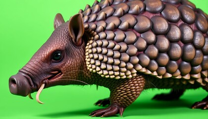 Obraz premium Close-up of an Armadillo with Detailed Scales and Texture Against a Green Background