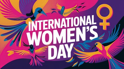 Artistic design for International Women’s Day featuring bold text and colorful birds.