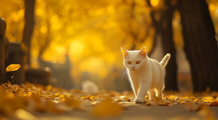 White cat walks gracefully through a colorful autumn landscape covered in fallen leaves