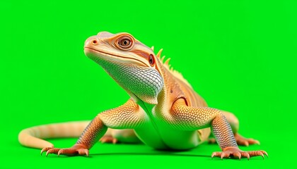 Obraz premium Close-up Portrait of an Orange and Brown Lizard on a Green Background