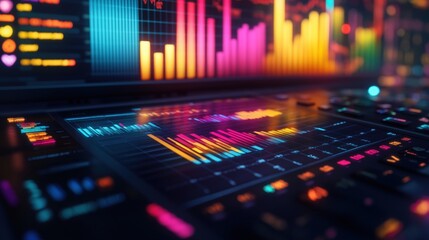 a vibrant financial business concept featuring colorful bar graphs and intricate data charts on a sleek office desk