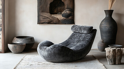 Grey snuggle chair against stucco wall, boho home interior design of modern living room
