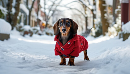 Dachshund in winter coat on snowy street with copy space