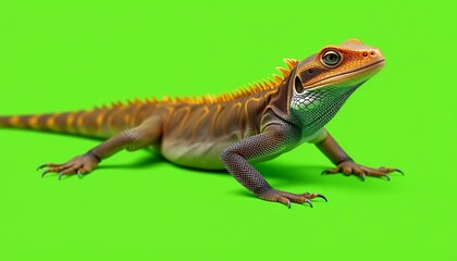 Obraz premium Closeup of a vibrant orange and brown lizard on a green background