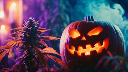 Frost-covered Halloween pumpkin with a glowing face beside a vibrant cannabis plant in a misty, eerie environment