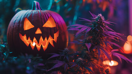 Frost-covered Halloween pumpkin with a glowing face beside a vibrant cannabis plant in a misty, eerie environment
