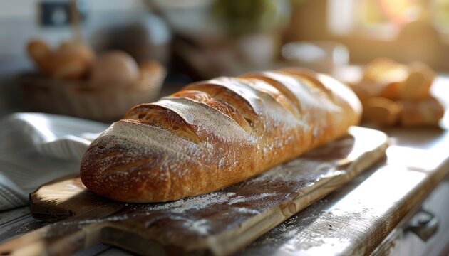 A freshly baked loaf of bread sits on a wooden cutting board, dusted with flour.