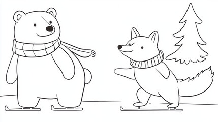 Fototapeta premium charming doodle of polar bear and fox ice skating together