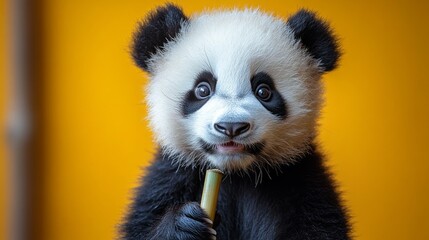 Obraz premium In a warm, cheerful setting, a baby panda radiates joy while holding a piece of bamboo. Its playful spirit and infectious laughter create a heartwarming atmosphere that captivates everyone