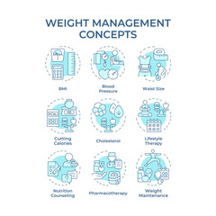 Weight management soft blue concept icons. Body mass index. Nutrition diet, healthy food. Icon pack. Vector images. Round shape illustrations for infographic, presentation. Abstract idea