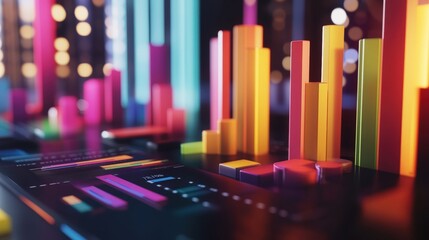 Obraz premium a vibrant financial business concept featuring colorful bar graphs and intricate data charts on a sleek office desk