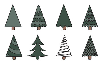 Obraz premium Set of hand drawn green Christmas trees. Modern Christmas trees in doodle style. Vector set for holiday greeting cards, packaging, decor. Vector
