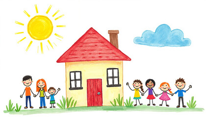 Fototapeta premium Family holding hands in front of a colorful house