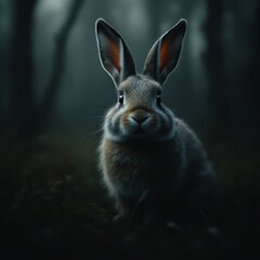 Fototapeta premium Cute Grey Rabbit in Dark Forest Setting