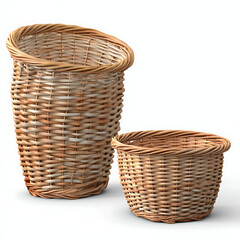 A set of three decorative wicker baskets in varying sizes on a transparent background, high-resolution 3D render, natural style,  