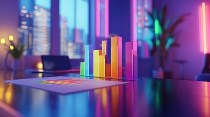 a vibrant financial business concept featuring colorful bar graphs and intricate data charts on a sleek office desk