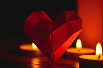 A vibrant red origami heart sits gracefully among flickering candles in a warm and inviting atmosphere, creating a perfect ambiance for a romantic night