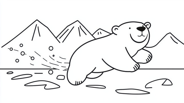 playful polar bear gliding on ice with mountains in background