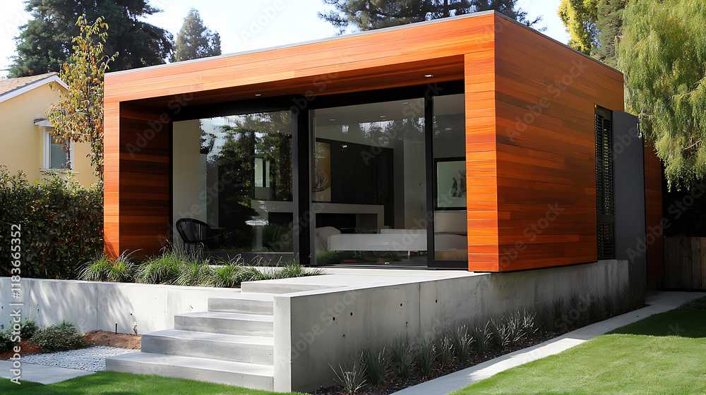 Poster modern small minimalist cubic house with wooden cladding and concrete walls and landscaping design f