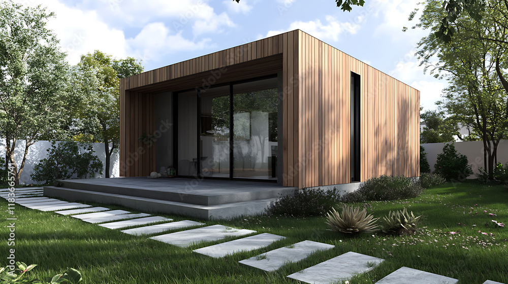 Poster modern small minimalist cubic house with wooden cladding and concrete walls and landscaping design f