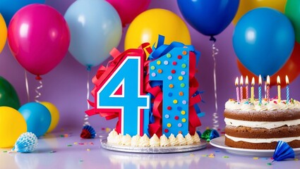 41th birthday card. Colorful and festive birthday celebration, featuring a large number four prominently displayed against a backdrop of balloons and cake.