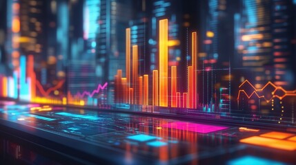 a vibrant financial business concept featuring colorful bar graphs and intricate data charts on a sleek office desk