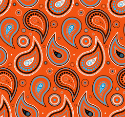 Vibrant orange paisley pattern.  Bold black, white, and teal accents create a striking textile design. Ideal for fashion, interiors, or website backgrounds.  Download now