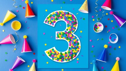 3rd birthday card. Large, colorful number three with confetti and party hats around it, set against a blue background.
