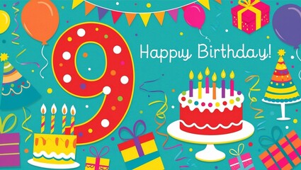 9th birthday card. Colorful and festive illustration featuring a large number nine, surrounded by various birthday elements such as balloons, cake, and presents.
