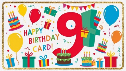 9th birthday card. Colorful and festive illustration featuring a large number nine, surrounded by various birthday elements such as balloons, cake, and presents.