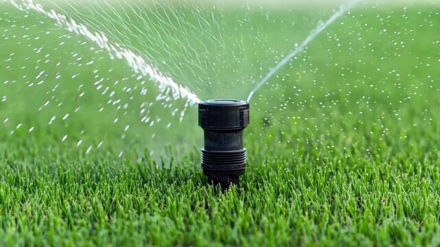 Garden irrigation system spraying water droplets on lush green grass, creating refreshing outdoor scene in summer, while enhancing vibrant colors of lawn.