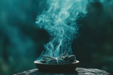 A calm ceremony of burning sage with smoke ascending representing purification and spiritual renewal