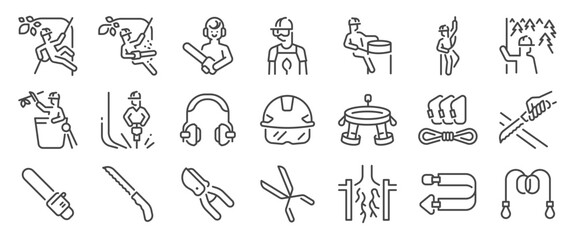 Arborist icon set. It included contexts such as cutting, plant, tree, career, specialist and more. Editable Vector Stroke.