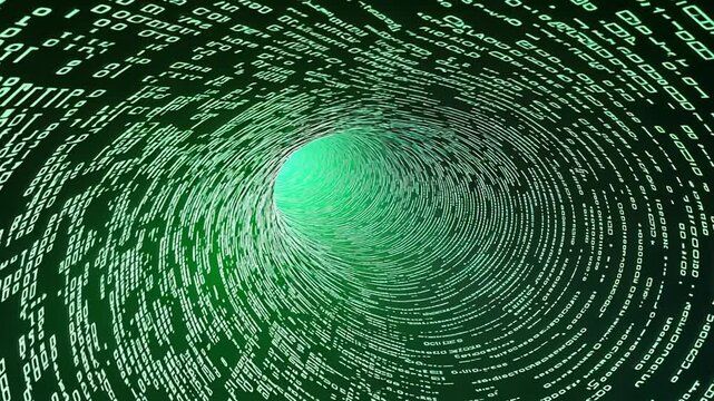 A swirling pattern of green binary code creating a tunnel effect, technology, data