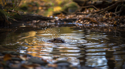 Fototapeta premium A beaver constructing a dam in a quiet woodland stream, with water ripples creating soft highlights