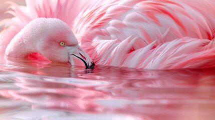 Fototapeta premium A close-up of a flamingo preening its feathers in the shallow waters of Lake Bogoria, with soft pink tones reflected in the ripples