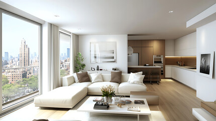 Studio apartment with white corner sofa, scandinavian home interior design of modern living room