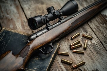 A contemporary scout rifle with a scope rests on a wooden surface accompanied by cartridges and a black book