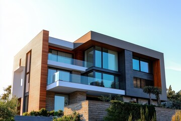 A contemporary two level home with a flat roof spacious windows and a brick exterior located under a clear sky with a small garden in front