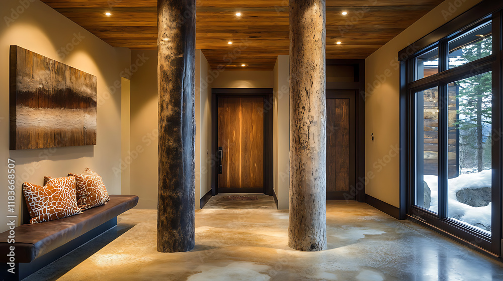 Poster tree trunk columns in rustic interior design of modern entrance hall with door