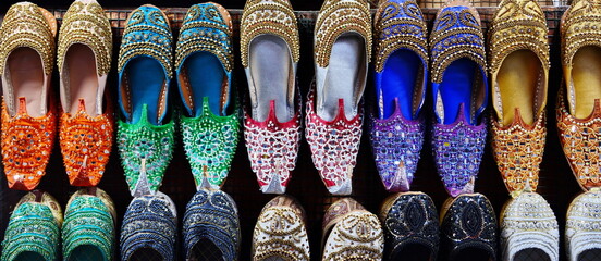 Colorful shoes in souk Dubai,United Arab Emirates. traditional Arabic shoes in east souk