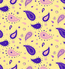 Vibrant paisley pattern in purple and pink on a pale yellow background. Perfect for textiles, fashion, or website design.